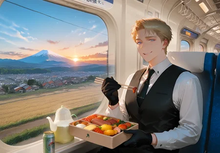 IllusP0s, PonyScores7, source_anime, ah1, IllustriousQual, interesting, exciting, spectacular, wonderful, amazing quality, absolutely eye-catching,  
BREAK <lora:xl_more_art-full_v1:0.2>, <lora:aesthetic_anime_v1s:0.2>, <lora:EpicF4nta5yXL:0.2>, <lora:detailxl:0.2>, detailxl, <lora:Fant5yP0ny:0.2>, amazing quality, best aesthetic, absurdres, illustration, Volumetric_Lighting, ultra-detailed, very aesthetic, intricate details, best_quality, lazympos, <lora:Add_Details_v1.2:0.2>, <lora:quality_modifiers_masterpieces_v1:0.2>, <lora:ZootPonyAnime_V1_r2:0.2>, <lora:Bestifacator2:0.2>, anime style,
BREAK ((A man touches a silver scepter, and a shimmering, golden beam of energy shoots from its tip, severing objects with surgical precision)),
BREAK Stable_Yogis_PDXL_Positives, <lora:Complicated fantasy portrait - XL Pony V2.0:0.2>, <lora:HDA_Detailer:0.3>, ((Candid shot)),
BREAK (((<lora:Caesar_Roses_And_Champagne_:1>, Caesar, 1boy, toned, athletic, fit))), <lora:shinyskin2:0.2>, glistening skin, <lora:perfection style:0.2>, perfection style, perfection, 
BREAK ((formal, necktie, white shirt, suit, black gloves, vest, black necktie)), 
BREAK ((parted hair, side-parted hair, right swept hair, side-swept hair, (short hair:1.7), blonde)), <lora:hairdetailpxl:0.2>, hairdetailpxl, 
BREAK ((angular face, sharp_featured face, handsome, charming, alluring)), blue eyes, expressive eyes, <lora:perfect-eyes:0.4>, perfecteyes, EyesHD, <lora:DetailedEyes_xl_bdsqlsz_V1:0.2>, <lora:Eyes_Lora_Pony_Perfect_eyes:0.2>, <lora:focusoneyes:0.2>, <lora:cinematic eye color style illustrious v1:0.2>, <lora:Eyes_High_Definition:0.2>, EyesHD,
BREAK ((Smiling face with heart eyes)), <lora:Expressive_H:0.2>, Expressiveh, <lora:Emotional_Anime_Expressions_PonyXL_Concept:0.2>, emotional, <lora:Best_Facial_Expression_LoRA_PONY:0.2>, looking at viewer, <lora:Detailed expressive EXEV style -XL Pony V1.0:0.2>, FaceDetail,
BREAK (((<lora:ekiben:0.6>, ekiben, shinkansen, inside shinkansen, seat, table, window, train interior, scenery, outdoors, city, cityscape, building, house, reflection, day, sky, cloud, mountain, blue sky, landscape, grass, field, mountainous horizon, tree, river, train station, ground vehicle, forest, road, rice field, flooded rice field, sunset, evening, nature, sign, power lines, utility pole, car, street, town, mount fuji, factory, chimney, food, packages, box, bowl, plate, bento, lunch box lids, chopsticks, rice, vegetable, carrot, spring onion, beans, tamagoyaki, tempura, meat, sukiyaki, yakiniku, tonkatsu, pork cutlet, seaweed, seafood, crab, scallops, clams, shellfish, salmon roe, salmon, shrimp, conger eel, sea urchin, fruit, ocha, plastic teapot, beer, can))), <lora:Background Detailer - SDXL:0.2>, 4k, 8k, Ultra HD, Masterpiece, Best quality, Detailed background, <lora:Add_more_details_V2_XLpony:0.2> full_details, <lora:background-type1:0.2>, <lora:AddMicroDetails_Illustrious:0.2>, addmicrodetails, SmoothNoob_Quality,