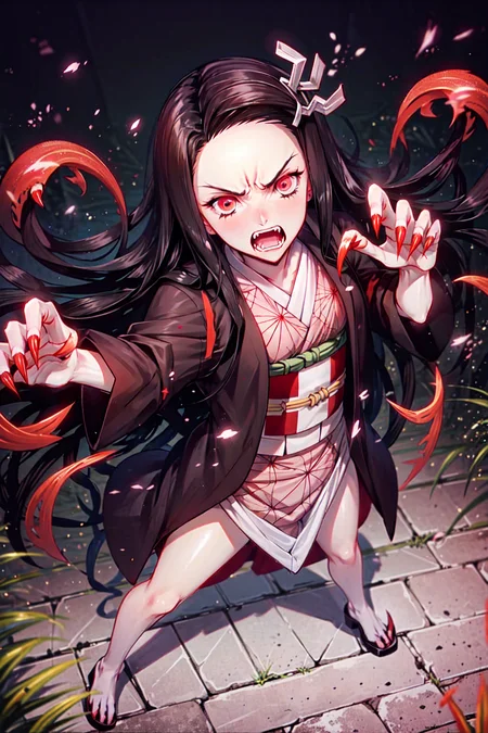 masterpiece, best quality, 1girl, kamado nezuko, demon kimetsu no yaiba, full body, from below, claws, (veins:1.3), demon girl, kimono, full moon, <lora:nezukolora_:0.8>, veins, (fangs, red eyes, anger, claws:1.4), backlighting, facing viewer, forest, fire, starry sky, blood, dirt, bruise, anger, crazy eyes, standing, legs apart, (fighting stance:1.3), long nails, floating hair, cinematic scene, demon horns, looking at viewer, solo focus, dutch angle, horizon,