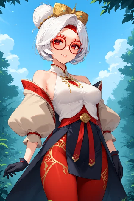 score_9, score_8_up, score_7_up, score_6_up, anime source, anime style, solo, 1girl,
<lora:P-Purah:1>, white hair, red eyes, red-framed eyewear, red headband, hair ornament, red eyeshadow, hair bun,
black gloves, red pantyhose, black skirt, white shirt, puffy sleeves, bare shoulders,
medium breasts, seductive smile, parted lips, eyelashes, standing,
forest background, blue sky, clouds,