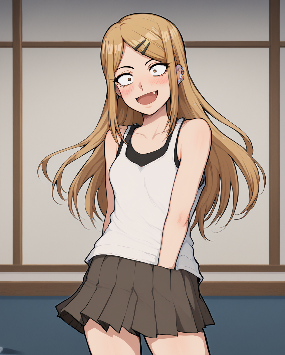 score_9, score_8_up, score_7, 1girl, solo, indoors, endou_saya, sanpaku, brown eyes, blonde hair, long hair, hairclip, white shirt, tank top, pleated skirt, <lora:endou_saya:1>, hair ornament, hairclip, long hair, ear piercing, jewelry, looking at viewer, blush, small breasts, open mouth, fang, collarbone, constricted pupils, bare shoulders, smile, standing,  <lora:AfrobullLycoXL:1>