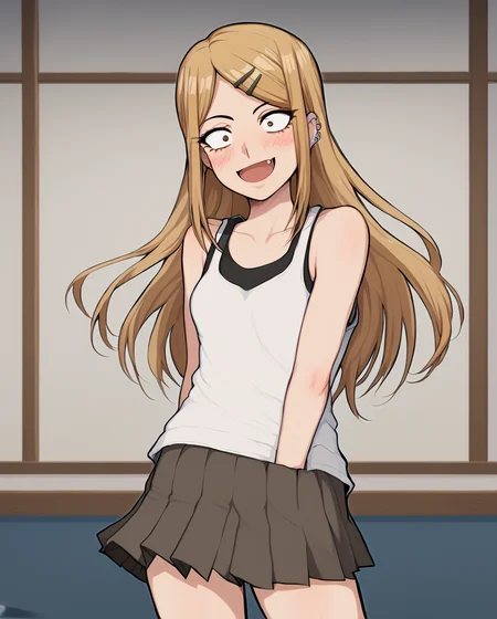 score_9, score_8_up, score_7, 1girl, solo, indoors, endou_saya, sanpaku, brown eyes, blonde hair, long hair, hairclip, white shirt, tank top, pleated skirt, <lora:endou_saya:1>, hair ornament, hairclip, long hair, ear piercing, jewelry, looking at viewer, blush, small breasts, open mouth, fang, collarbone, constricted pupils, bare shoulders, smile, standing,  <lora:AfrobullLycoXL:1>