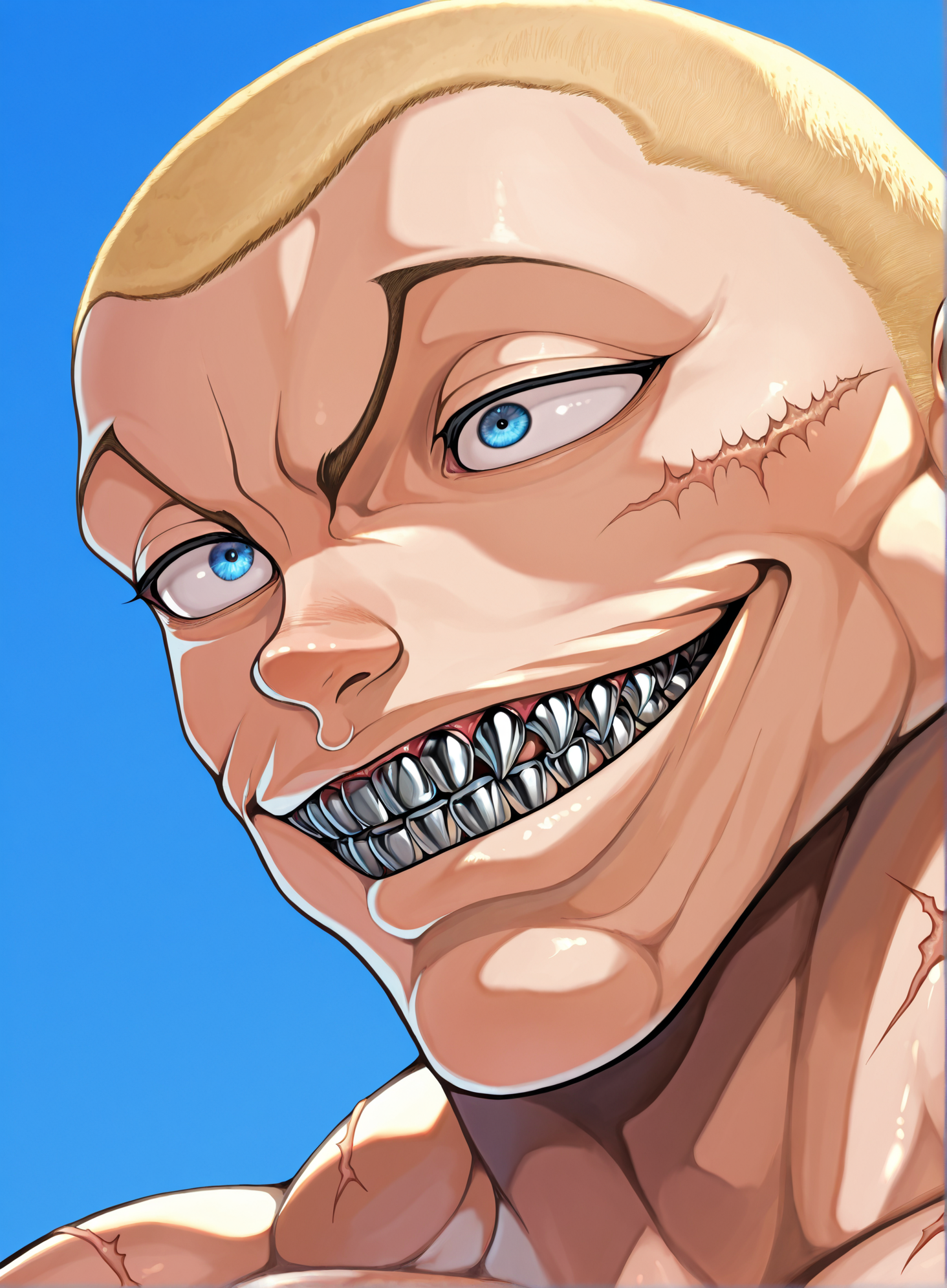 masterpiece, best quality, amazing quality, absurd res,
 <lora:Jack_Hanma_Baki_for_Illustrious:1> 1boy, j4ck_h4nma, muscular, scar, blue eyes, shaved head, blonde hair, 
close up, frown, smile, metal teeth, simple background,