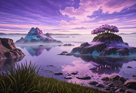 (newest, masterpiece, best quality, beautiful lighting, very aesthetic, detailed background, very awa, perfect composition, detailed, realistic, photorealism, photo, high contrast), BREAK,
heroes2, render, 3d, rocky island, lake, fog, misty atmosphere, purple sky, pink clouds, distant island, calm water, rocky shoreline, grass patches, spiky plants, blue tones, purple tones, green tones, surreal landscape, fantasy setting, mist,
, <lora:HoMM_v8NoobBs975:0.8>,