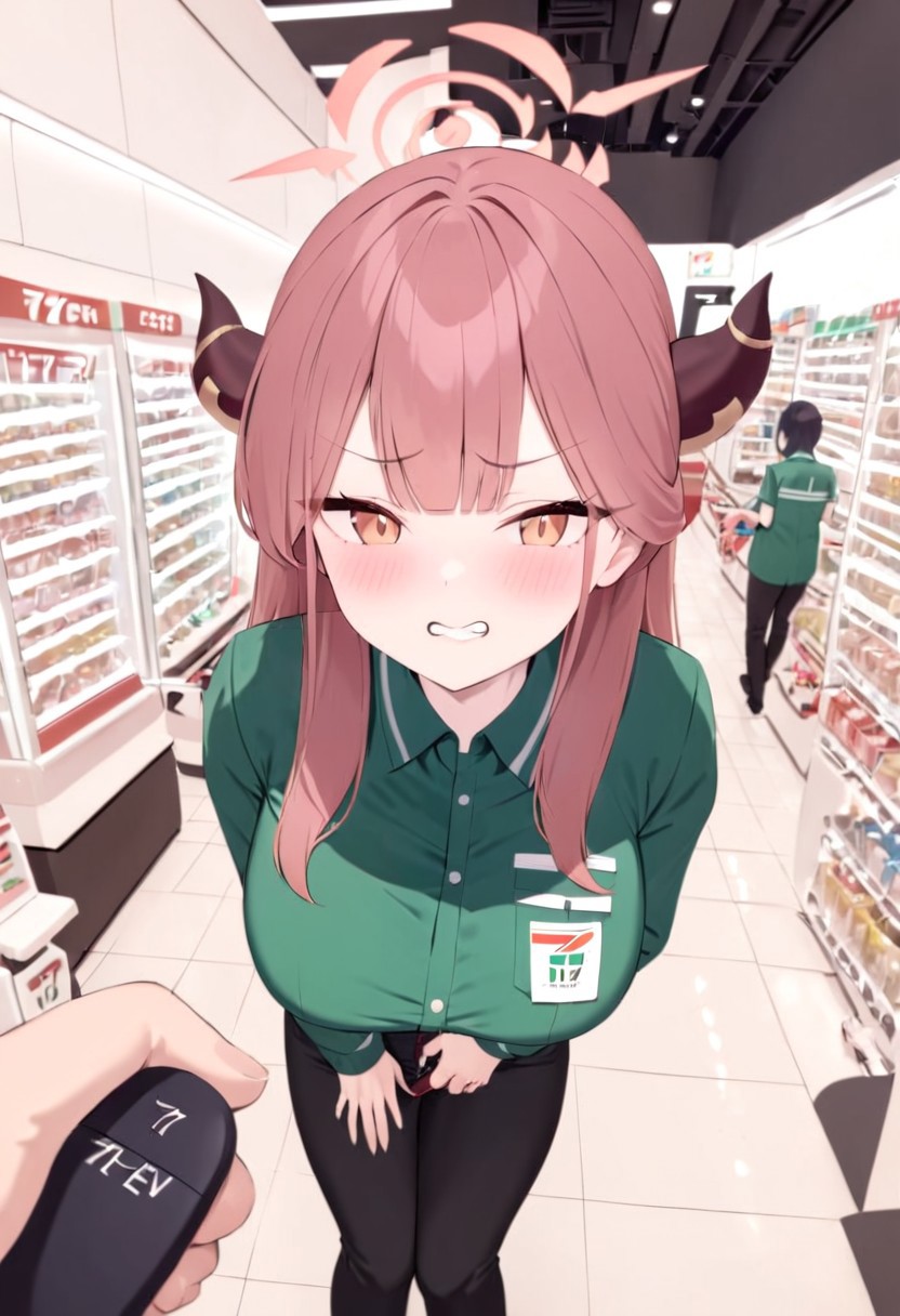 Aru_(Blue_Archive),large breasts,horns,uniform,at night,7eleven, scenery, indoors, box, tiles, shop, tile floor,7elevenU, employee uniform, uniform, green shirt,black denim,Holding a mop,standing,clenched teeth,blush,looking at viewer,remote controller, remote control, holding, pov,
