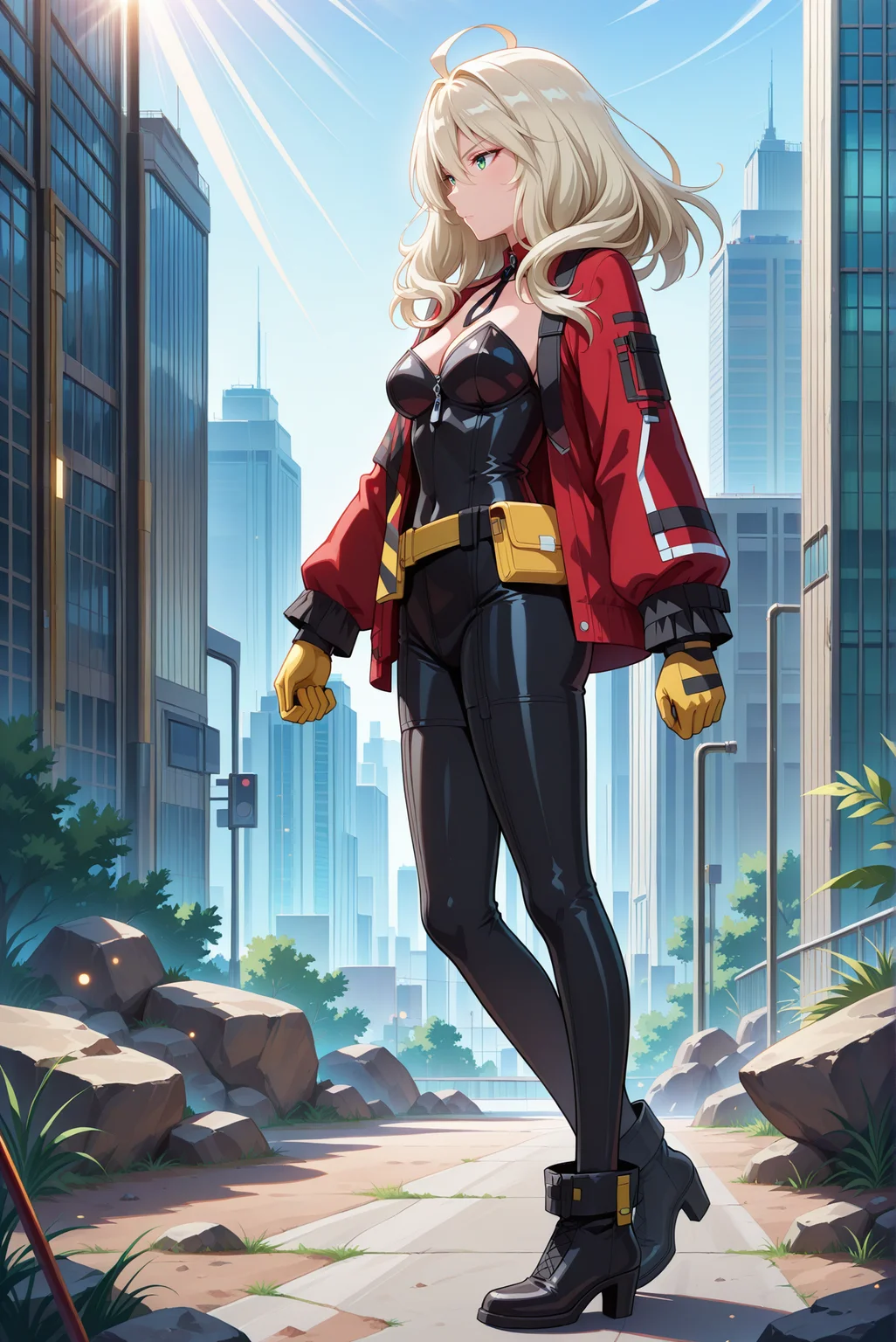 masterpiece, best quality, anime, 2d, 1girl, (slender), (medium breasts), solo, <lora:VeraRustamova-ILXL-V1:1> v3r4rust,
BREAK (medium hair, platinum blonde hair), outdoors, day, city, science fiction,
BREAK (red jacket, open jacket, yellow gloves, black bodysuit, strapless, cleavage, yellow belt pouch, detached collar, black footwear, ankle boots),
BREAK (full body, standing, dynamic pose, from side:1.4), (expressionless, green eyes)
BREAK <lora:RealisticAnimeIXL:0.5> , bokeh, luminescent background,