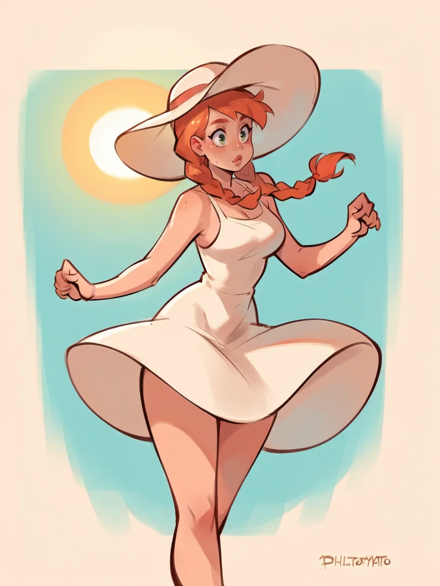 score_9, score_8_up, score_7_up, score_6_up, score_5_up, score_4_up, curvy, 1girl, <lora:ph1lt0m4t0XLP:0.75> ph1lt0m4t0, sun dress, twin braids, ginger hair, wind