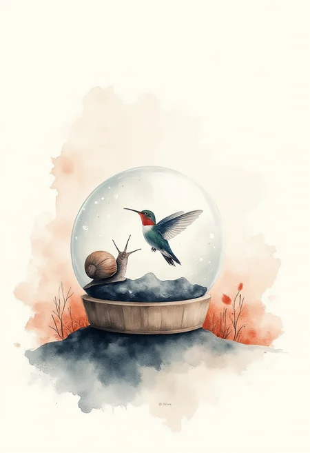 pst007 style watercolor painting.
So theres this snail right? but its shell is a snowglobe yeah? and in the snowglobe there is a hummingbird ok? but get this...the whole thing is just a metaphor for unrelenting lustful devotion.