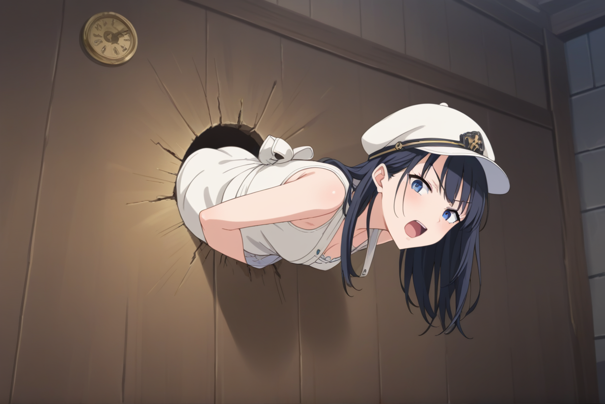 score_9, score_8_up, score_7_up, best quality, masterpiece, source_anime, anime screenshot, BREAK,  1girl, stuck in wall, through wall, from front <lora:stuckwall:1>