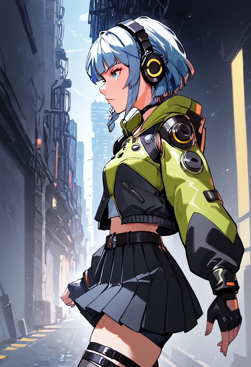masterpiece, best quality, highly detailed, score_9, score_8_up, score_8, 1girl, solo, Anby_Demara, orange_eyes, grey_hair, side_braid, short_hair, small_breasts, headphones, black_choker, crop_top, hooded_jacket, two-tone_jacket, detached_sleeves, thigh_strap, puffy_long_sleeves, black_belt, miniskirt, black_skirt, pleated_skirt, black_thighhighs, bike_shorts, black_shorts, black_gloves, fingerless_gloves, serious face, Expressiveh, running, dynamic pose, dynamic angle, cinematic view, detailed background, street, cyberpunk city, night lights, neons, highly detailed, masterpiece, cowboy shot, side view