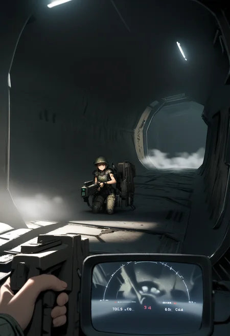 1girl, short hair, brown eyes, <lora:United_States_Colonial_Marine_Corps_-_Aliens_SDXL:0.8> uscmc, alien \(series\), soldier, military, uniform, armor, helmet, midriff, nervous sweating, holding gun, aiming, <lora:M314_Motion_Tracker_-_Aliens_SDXL:1> m314 motion tracker, m314mtn, pov, trackerscreen, science fiction, fog, derelict, spacecraft, interior, debris, cable, machinery, dramatic lighting, shadow, filmic, cinemascope, vignette, horror \(theme\), depth of field, (masterpiece), (best quality), (ultra-detailed), very aesthetic, illustration, perfect composition, intricate details, absurdres