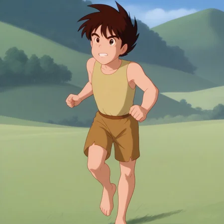 1boy, solo, Conan, brown hair, barefoot, runs on a meadow, front view,