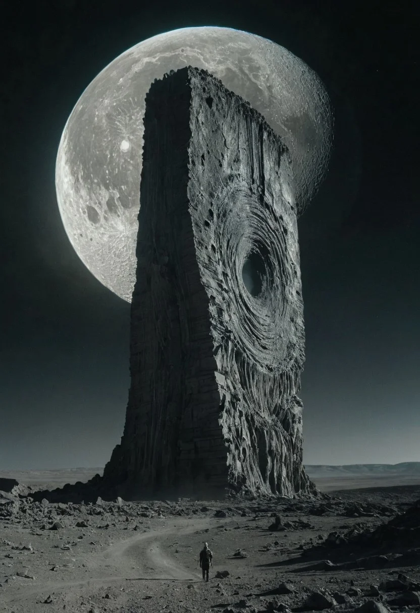 surface of a desolate moon, observing an immense alien monolith that’s emitting an eerie, pulsating light.
cinematic. cinematic, still, artistic. 