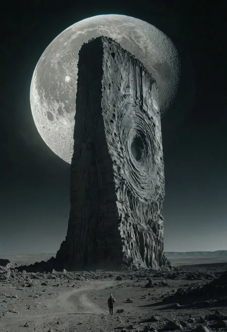 surface of a desolate moon, observing an immense alien monolith that’s emitting an eerie, pulsating light.
cinematic. cinematic, still, artistic.