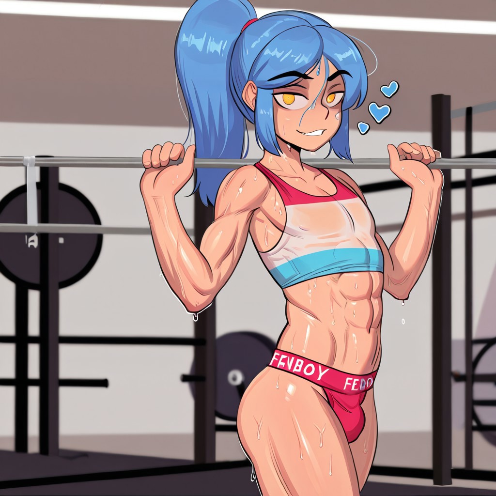 1boy,Alex,Blue hair,ponytail,yellow eyes,toned body,gym,sweaty,looking at viewer,cowboy shot,,femboy,(masterpiece), best quality, expressive eyes, amazing quality
