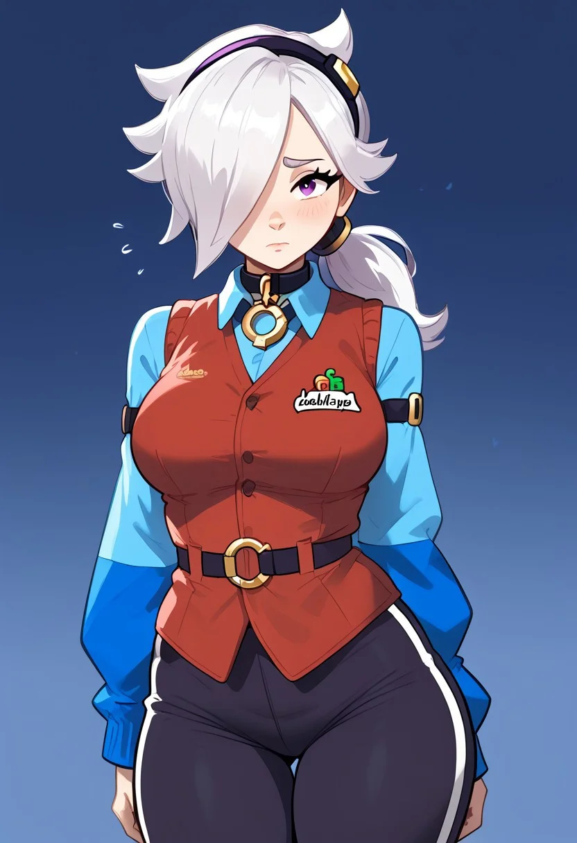 score_9, score_8_up, score_7_up, FluffyLewdsStyle,
bscolette , 1 girl , white hair, , ponytail, collar , red vest , blue shirt , long sleeves, purple pants, hair over one eye, hairband, sleeves past fingers,
,large breast, huge breast, big thighs, big ass, curvy, skinny, pretty, shy, look at viewer , sexy pose,