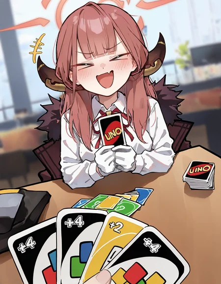(masterpiece, best quality, amazing quality, very aesthetic, absurdres), <lora:unoloss-vpred-1:1> holding card, pov across table, uno \(game\), imminent uno loss \(meme\), solo focus, pov hands, 1girl, pov hands, blurry background, aru \(blue archive\), (smug), open mouth, laughing, skin fang, >_<, +++, indoors, <lora:cassSDXLvpred10:0.8> aruhshura