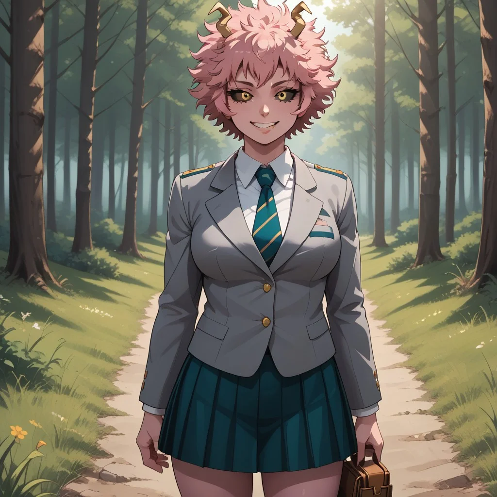 score_9, score_8, BREAK, solo, Mina_Ashido_(My_Hero_Academia), 1girl, pink skin, pink skin female, colored skin, pink hair, horns, yellow eyes, black sclera, colored sclera, grey jacket, pleated skirt, white shirt, necktie, black socks, brown shoes, self portrait, smile, looking at viewer, outdoors, sunlight, shadows, evening lighting, natural lighting, forest, trees, grass, orange sky, sunset