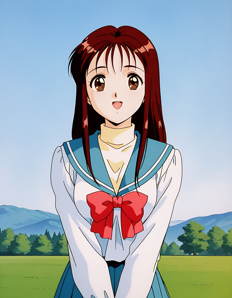 general,highres, ultra-detailed,very aesthetic,best quality ,best hands,  BREAK <lora:Arisa_Seijuden_IS:1> Arisa, 1girl, solo, long hair, bangs, brown hair, red hair, brown eyes, breasts, 1990s \(style\),anime coloring,
solo, school uniform, serafuku, sailor collar, long sleeves, skirt, open mouth, smile, blue sailor collar, bow, :d, blue skirt, (
winter uniform, red bow, pleated skirt, simple background, shirt, white shirt, bowtie, upper body, looking at viewer, turtleneck, v arms,
day,  sky, grass,