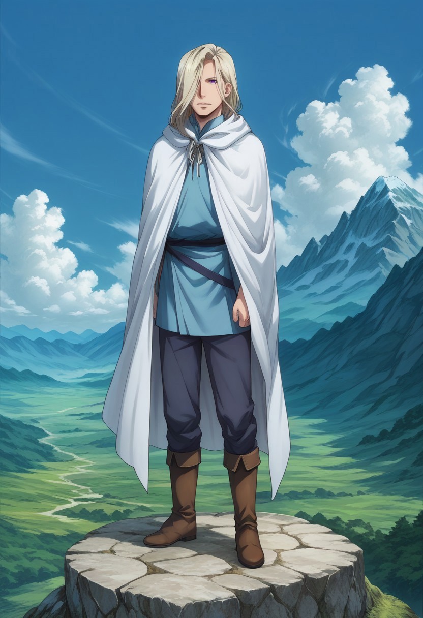 score_9, score_8_up, score_7_up, source_anime, highly detailed, 

narsus, 1boy, male focus, solo, blonde hair, purple eyes,  long hair, cape, boots, hair over one eye, full body, 

outdoor, mountains, sky, clouds,