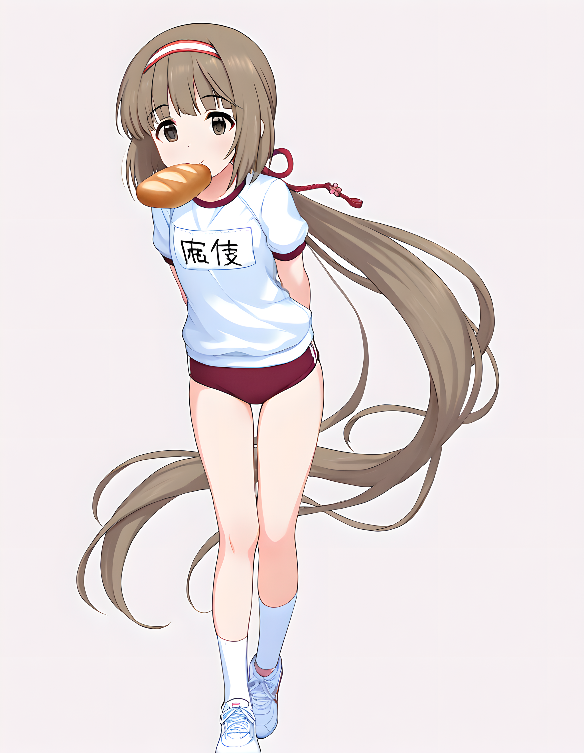 <lora:illustrious_XL_yoshino:0.8>,yoshino,masterpiece,best quality,good quality,1girl,solo,hairband,gym uniform,white shirt,short sleeves,name tag,red buruma,white socks,sneakers,white background,mouth hold,food,arms behind back,bread,:d,standing,full body,white background,