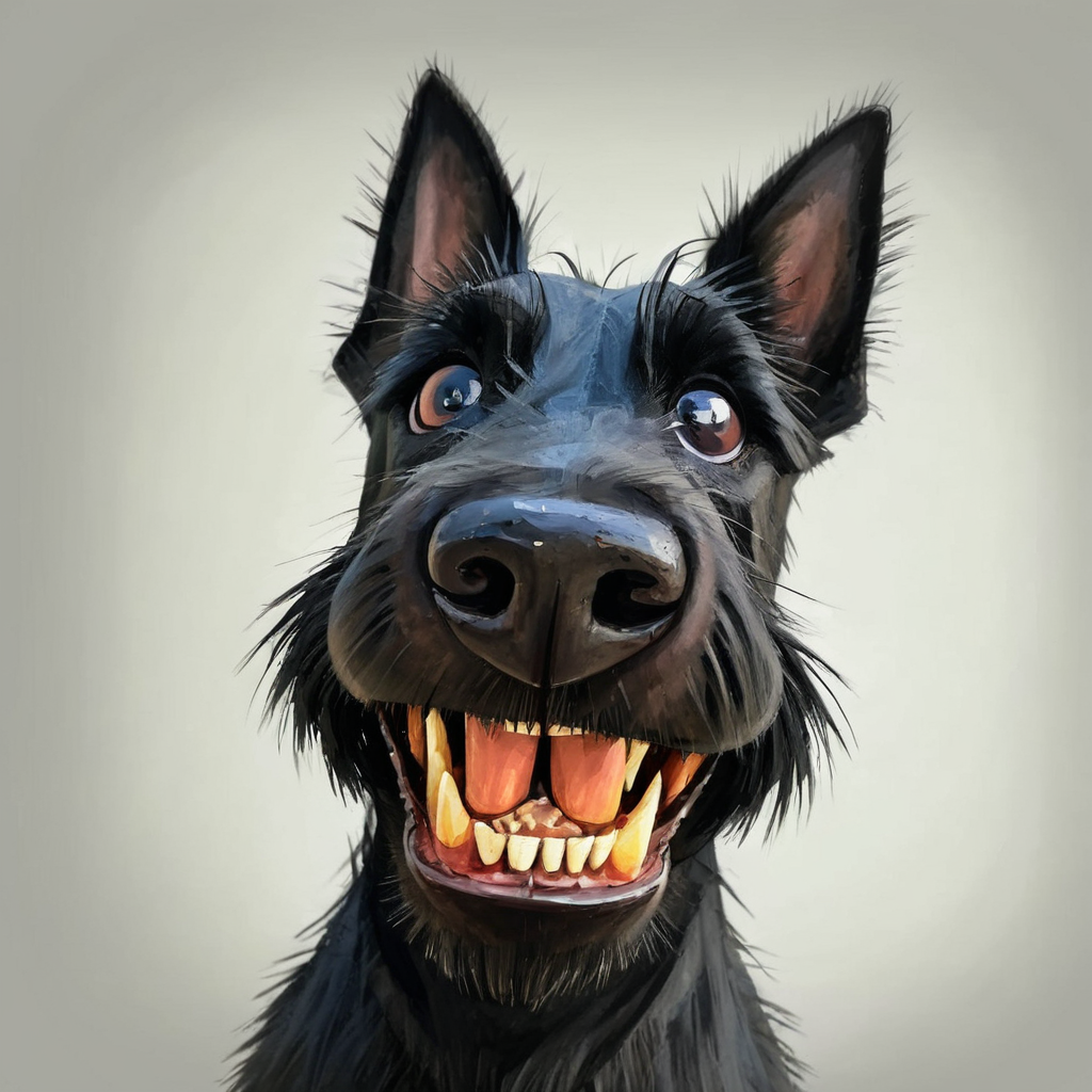 fisheye view, a black hairy scottish terrier dog with a toothy grin on his face, big nose, looking at sopmething, caricature, albeniz rodriguez style <lora:albeniz-rodriguez-style-v2:0.5>