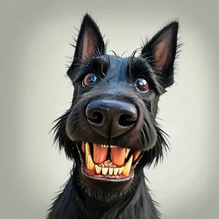 fisheye view, a black hairy scottish terrier dog with a toothy grin on his face, big nose, looking at sopmething, caricature, albeniz rodriguez style <lora:albeniz-rodriguez-style-v2:0.5>