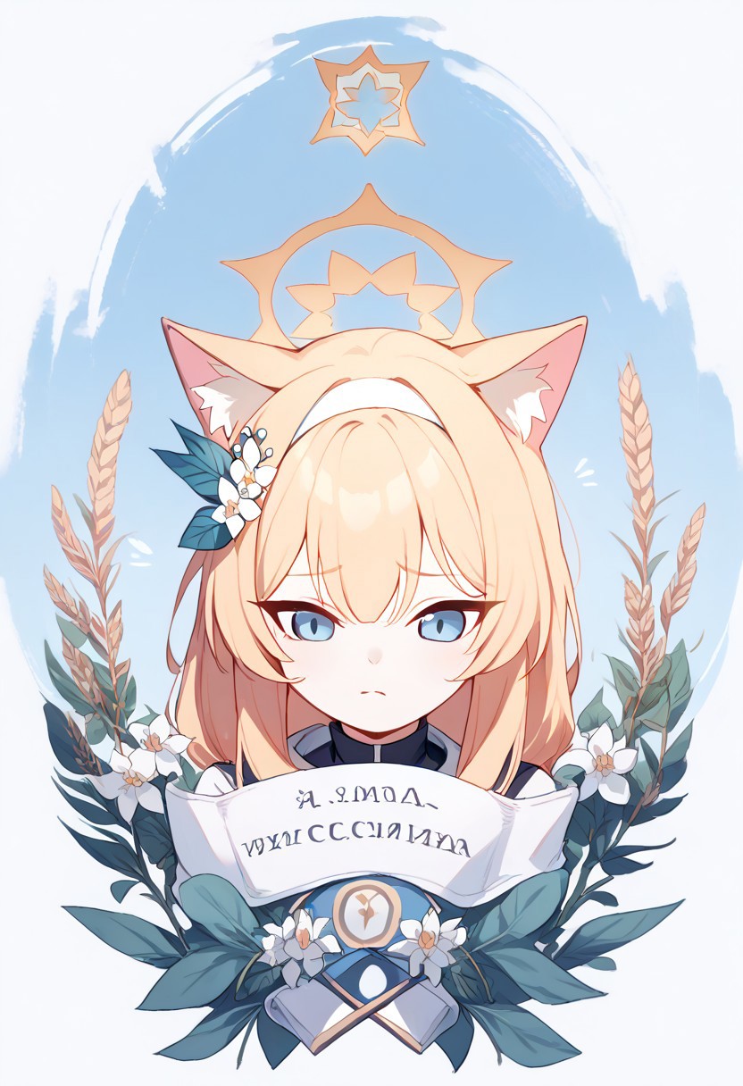score_9, score_8_up, score_7_up, upper body Mari_(Track)_(Blue_Archive), blue_eyes, l, white_hairband Mari_(Blue_Archive), Mari_(Blue_Archive), easynegative，fox ears,
easynegative, Mari_(Blue_Archive), emblem, russian text