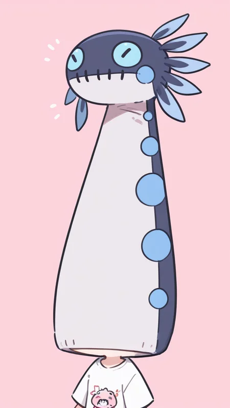 (score_9:0.9),score_8_up,score_7_up,rating_safe,anime_style,(zPDXL),solo,1girl,<lora:Wiggler helmet ponyXL v1:0.83>,blue wiggler helmet,shirt,simple background,pink background,chibi,white shirt,solo,t-shirt,