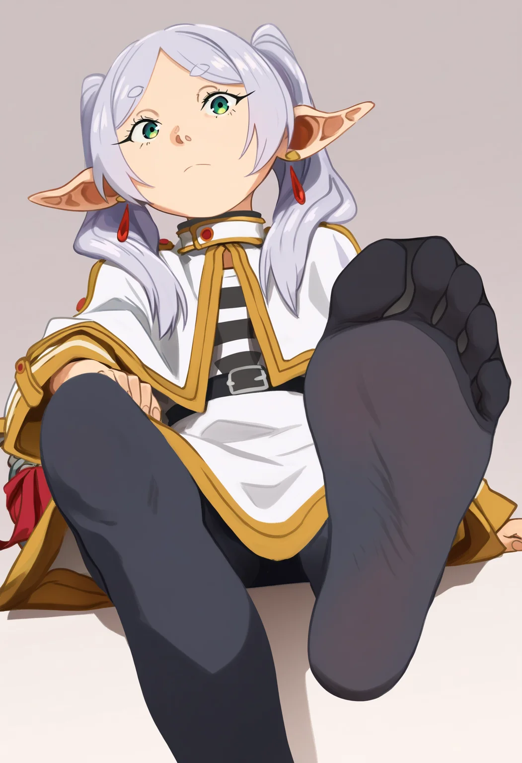 khyleri,
best quality, amazing quality, very aesthetic, absurdres,
BREAK
frieren, 1girl, green eyes, solo, sitting, foot focus, white capelet, black pantyhose,
looking at viewer,
from below, feet, soles, simple background <lora:KhyleriNoobLocon_byKonan:1>