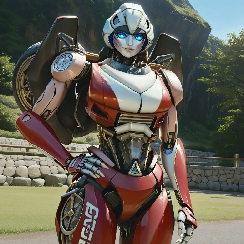 score_9, score_8_up, score_7_up, masterpiece, best quality, solo, 1girl, detailed eyes, screencap, looking at viewer, perfectly drawn face, perfectly drawn eyes, waist-up view, arceerotb, autobot, 1girl, red and white body, mechanical parts, robot, helmet-like head, robotic face, glowing blue eyes, autobot symbol on forehead, fairing-like chest, wheels on back, 'ducati' printed on right leg, narrow waist, unique pose, sunny, looking at viewer, outdoors, hand on waist, soft smile, photorealistic