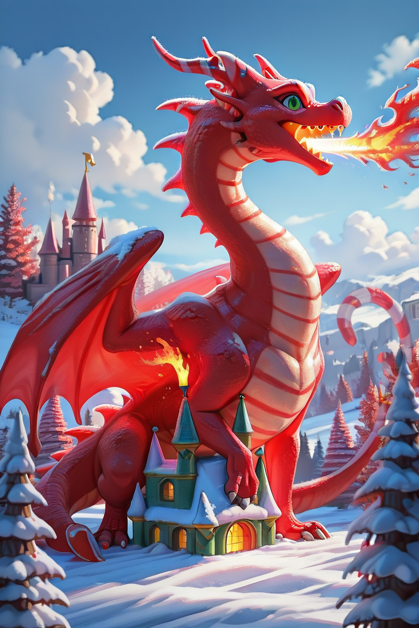 masterpiece, best quality,   CandyCaneMorph,   open mouth, green eyes, tail, outdoors, wings, sky, day, cloud, tree, no humans, fire, snow, dragon, castle, breathing fire, striped,   ,<lora:CandyCaneMorphIXL_v1:1.0>,