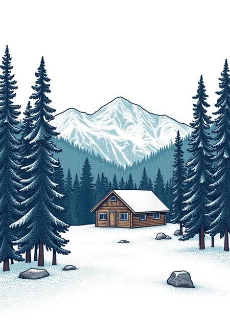 Solitary mountain cabin in winter, stippled illustration in the style of STPPLD, a small wooden cabin surrounded by tall snow-covered pines and mountains in the distance, evoking a feeling of quiet isolation