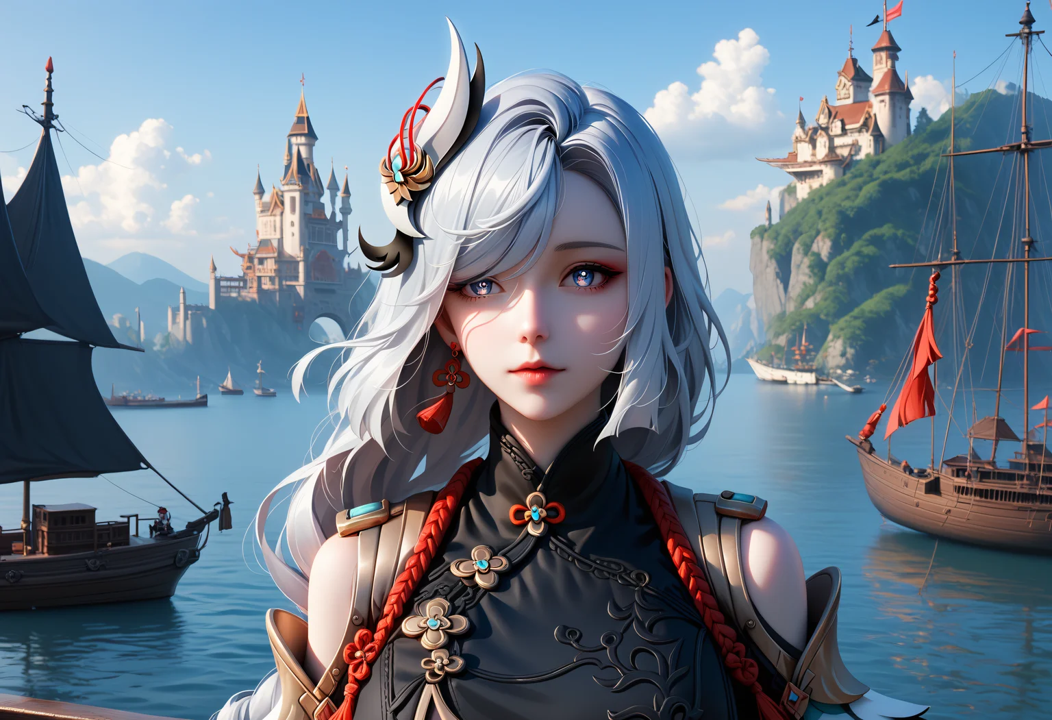 score_9, score_8_up, score_7_up, 1girl, shenhe_\(genshin_impact\), genshin_impact, 1girl, blue_eyes, white_hair, portrait, contrapposto, outdoors, pirate ship, embedding:c4stl3,