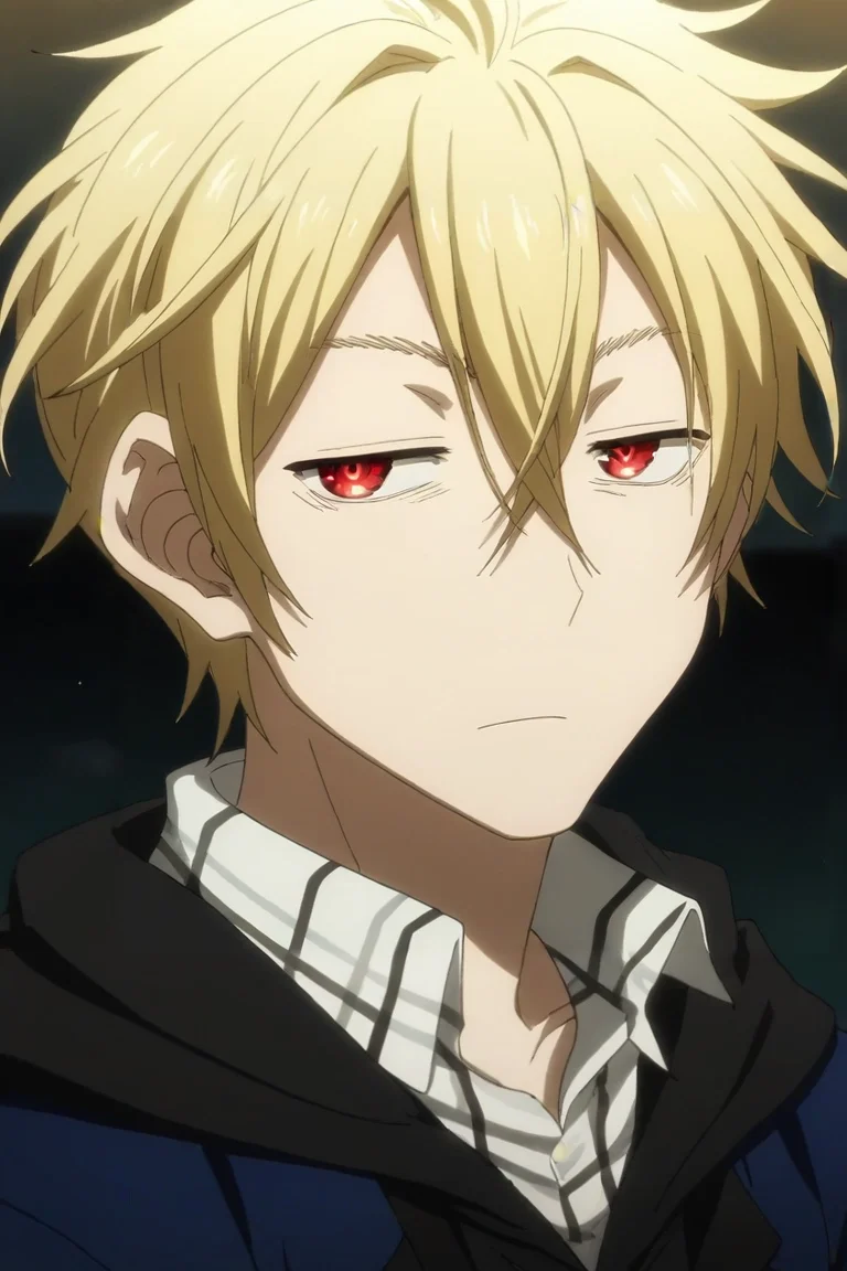 score_9, score_8_up, score_7_up, source_anime, rating_safe, intricate details, anime screencap, anime coloring, official style, looking at viewer, , 1boy, solo, male focus, <lora:king_of_despair_kekkai_sensen_pony:0.92>, king_of_despair_kekkai_sensen, blonde hair, red eyes, short hair, hair between eyes, , , <lora:sdxl_lightning_8step_lora:1>