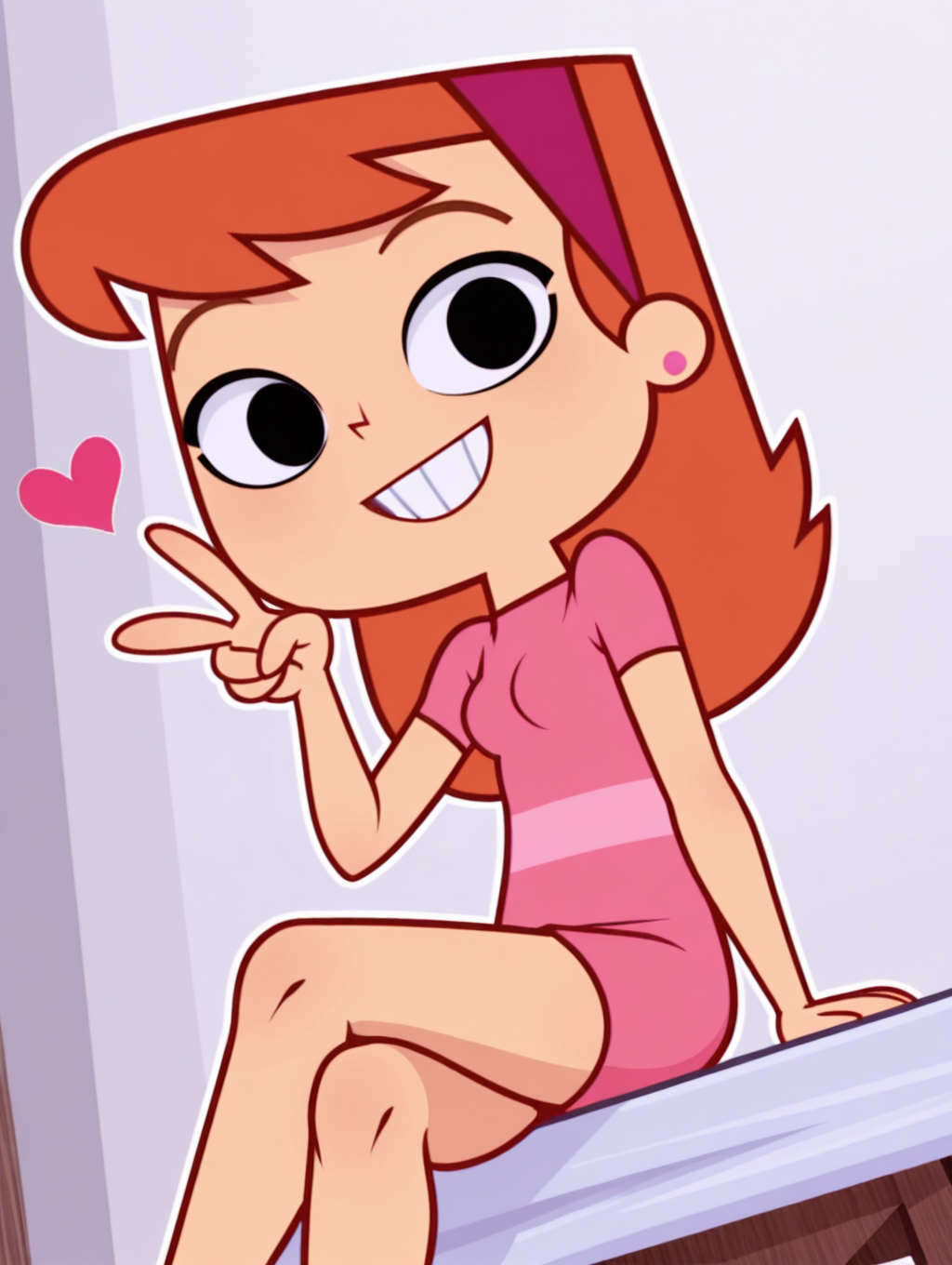 VanaGlamaZYN, 1girl, solo, hairband, dress, black eyes, jewelry, earrings, pink dress, orange hair, standing, long hair, breasts, cowboy shot, looking at viewer, beautiful, ((beautiful face, beautiful eyes)), (smile, dutch angle,naughty pose, cute, sitting, crossed legs, open mouth, :d, grin, looking at viewer, heart, petite, v, indoors, elegant room, solo, dynamic pose, full_body, head tilt,),((white background, White frame, white outline)),from direct beiow,(((from below:1.5))),