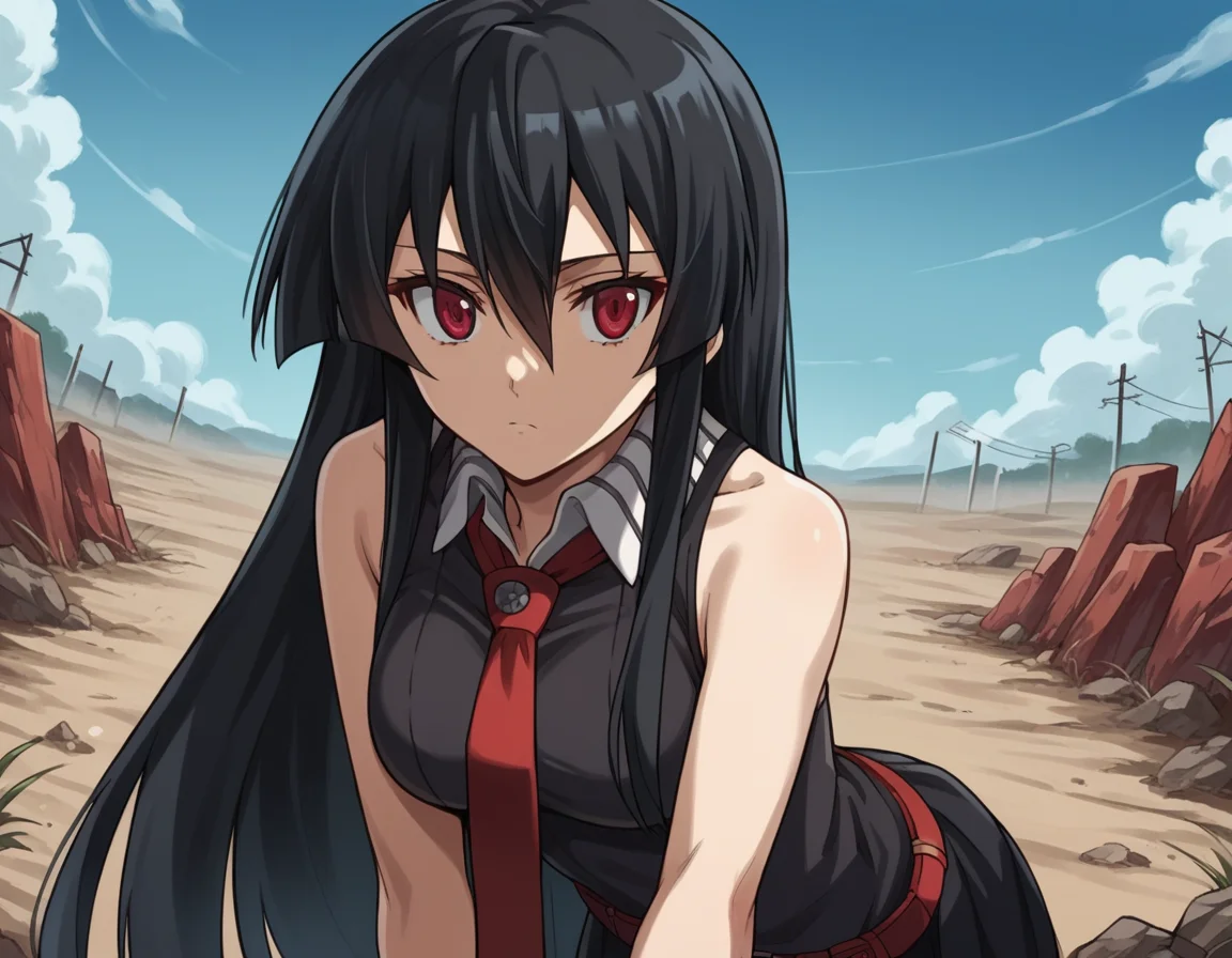 score_9, score_8_up, score_7_up, source_anime,
agkakame, <lora:agk-akame-s1-ponyxl-lora-nochekaiser:1>,
akame, long hair, black hair, red eyes, hair between eyes,
skirt, dress, necktie, sleeveless, belt, shirt, black shirt, collared shirt, red necktie, black skirt,
outdoors, wasteland, bent over,
cowboy shot, solo, dutch angle, looking at viewer,