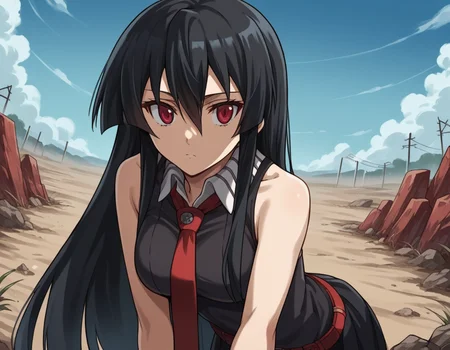 score_9, score_8_up, score_7_up, source_anime,
agkakame, <lora:agk-akame-s1-ponyxl-lora-nochekaiser:1>,
akame, long hair, black hair, red eyes, hair between eyes,
skirt, dress, necktie, sleeveless, belt, shirt, black shirt, collared shirt, red necktie, black skirt,
outdoors, wasteland, bent over,
cowboy shot, solo, dutch angle, looking at viewer,