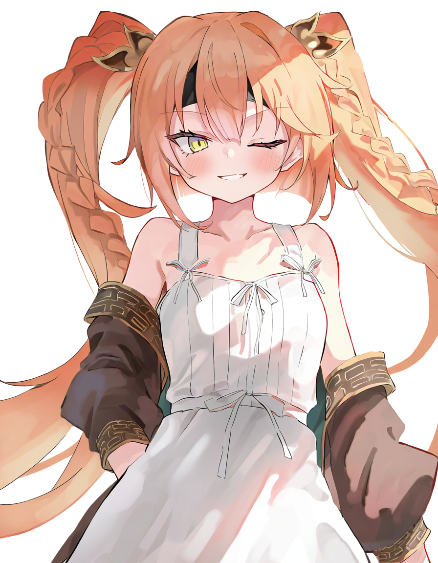 1girl,solo,looking at viewer,simple background,white background,cowboy shot,standing,smile,one eye closed,weisuojiaju,<lora:weisuojiaju-000012:1>,, masterpiece, best quality, very aesthetic, absurdres,newest, incredibly absurdres,, toshizou \(0714\)