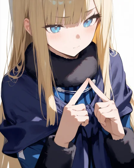 1girl,
ReinesElMelloiArchisorteFateGrandOrder,
safe, solo, upper body,
long hair, blonde hair, blue eyes, closed mouth,
fur collar, blue capelet,
blue jacket, breast,
index fingers together,
long sleeves, fur-trimmed sleeves,
blue dress,
simple background, white background,
depth of field,
<lora:kp_ReinesElMelloiArchisorteFateGrandAnimagineXL_v1_0:1.0>,
masterpiece, high score, great score, absurdres