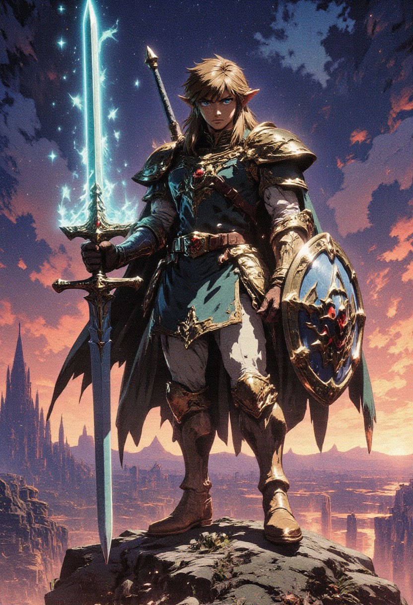 1 man,masterpiece, best quality, highres, ultra-detailed, dramatic lighting, full body, fantasy style, hero pose,  link, detailed armor, iconic green tunic upgraded with silver and gold elements, medieval plate armor parts, right hand holds Hylian shield, left  hand holds Master Sword, glowing sword, powerful stance, windswept hair, standing on a rocky cliff, twilight sky, glowing triforce on hand, epic background, magical aura, heroic expression, battle-ready, cinematic feel, fantasy environment, legendary hero