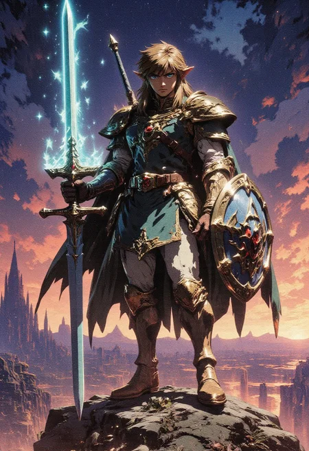 1 man,masterpiece, best quality, highres, ultra-detailed, dramatic lighting, full body, fantasy style, hero pose,  link, detailed armor, iconic green tunic upgraded with silver and gold elements, medieval plate armor parts, right hand holds Hylian shield, left  hand holds Master Sword, glowing sword, powerful stance, windswept hair, standing on a rocky cliff, twilight sky, glowing triforce on hand, epic background, magical aura, heroic expression, battle-ready, cinematic feel, fantasy environment, legendary hero