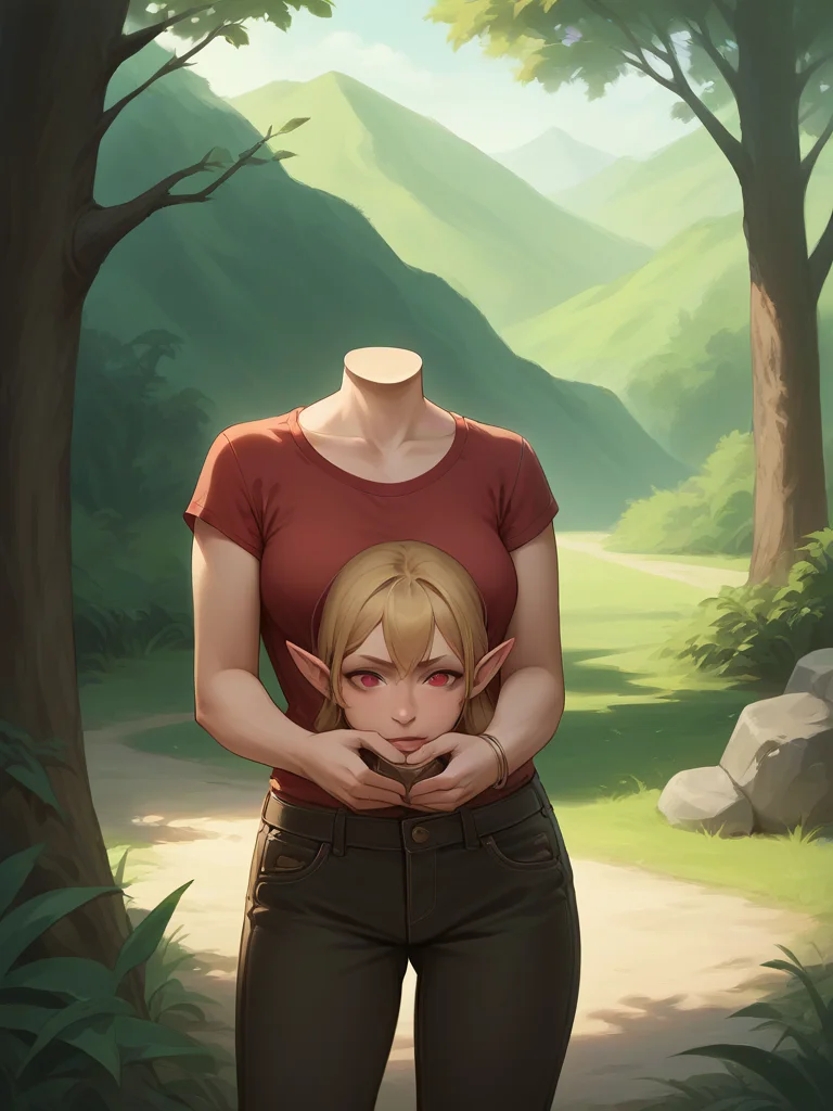 score_9,score_8_up,score_7_up,score_6_up,score_5_up,score_4_up, source_anime BREAK disembodied_head + holding head, pale skin, elf ears red eyes, outdoors, upper body <lora:sdxlpony_disembodiedhead-t1-000006:1.2>