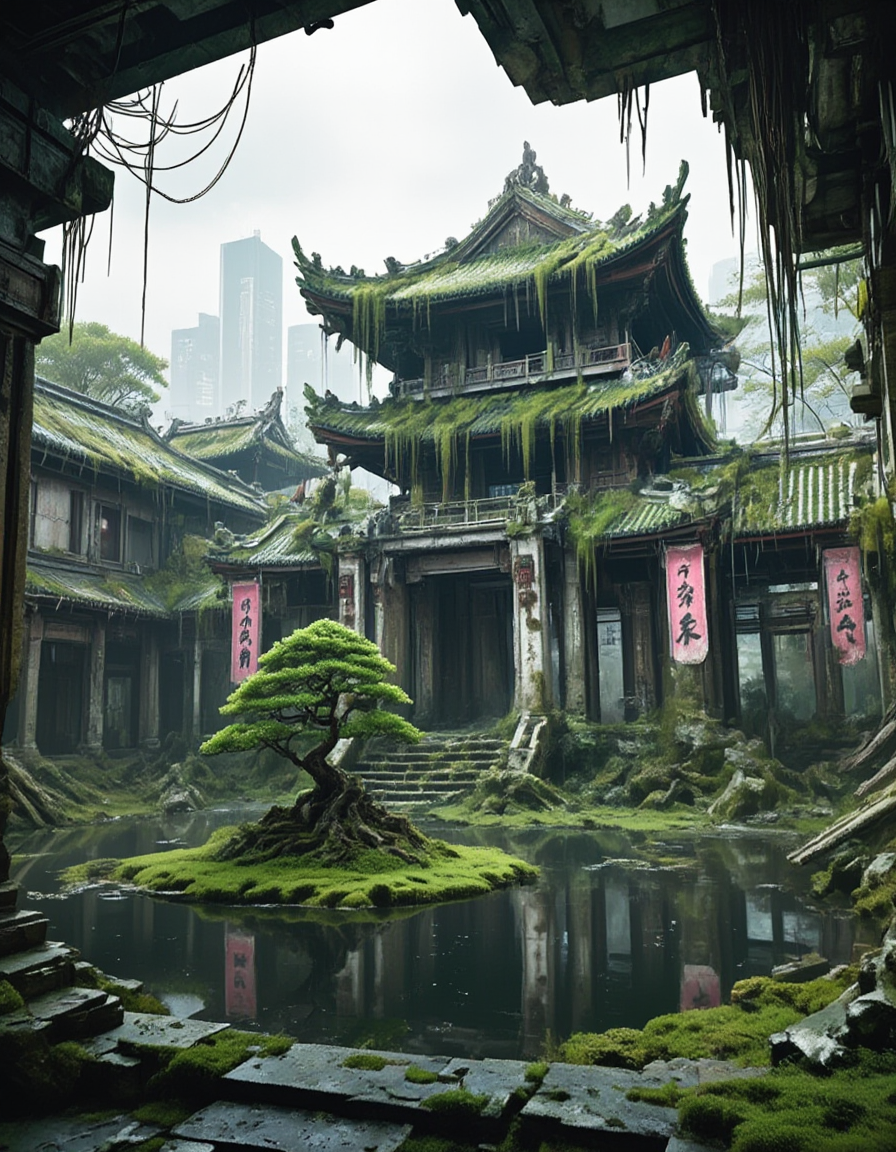 <lora:City_Worlds_02__Lost_-_Temple:1> photo, cw02lost, abandoned, an overgrown wooden traditional asian courtyard temple, with a bright green bonsai on a moss island, surrounded by dark reflective water, crumbling columns and stairs, vertical pink calligraphy banners swaying gently, futuristic cityscape rising in the distance, the main pagoda slightly rotated to the right in one-point perspective, vivid greenery growing across the rooftops, hanging vegetation and exposed roots, subtle lighting from an overcast sky, high-resolution textures, cinematic wide-angle framing, photorealistic, ultra-detailed 8k scene with rich depth and atmosphere, dirty