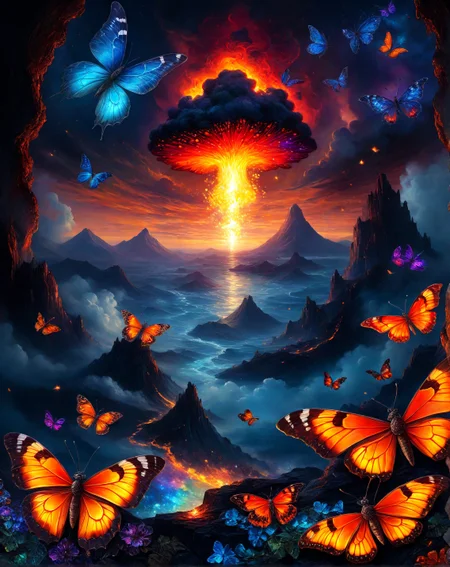 A volcanic plateau bleeding liquid gemstones lava flows cooling into stained glass, thermals lifting iridescent pollen sheets, clouds combusting into ash butterflies, islands migrating via magnetic personality,
,
Infestations of mushrooms releasing psychoactive glitter,botanical hyper-detail,iridescent pigmentation,organic texture variance,
hyperrealistic surrealism,ultra-detailed,intricate textures,luminous colors,cinematic lighting,dramatic perspective,volumetric atmosphere,8k UHD, trending on ArtStation,sharp focus, professional color grading,
<lora:extremely_detailed:0.8> extremely detailed,
<lora:DetailMaximizer:0.7>,
<lora:offset_0.2:0.7>,
<lora:add-detail-xl:0.3>,
<lora:aidmaMJ6.1_v0.5_2:1> aidmamj6.1,
<lora:Consistency Corrector XL:0.3> ,, Fantasy painting art style, imaginative, dynamic composition, professional-grade execution, creates immersive world and landscape, painterly, epic, magical, Baroque art style, dynamic composition, dramatic lighting, rich colors, intricate details, professional-grade execution, captures the grandeur and theatricality of the Baroque period, oil painting art style from Renaissance period, masterful composition, Renaissance mood, renaissance oil painting, brush strokes