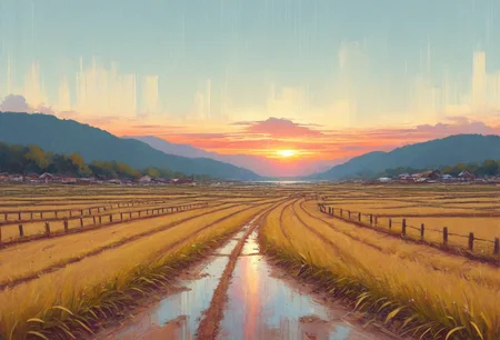 farm, sunset, field, rural, [dirt road, wooden fence], 35mm, very awa, masterpiece, <lora:Digital_Impressionist_SDXL:1>