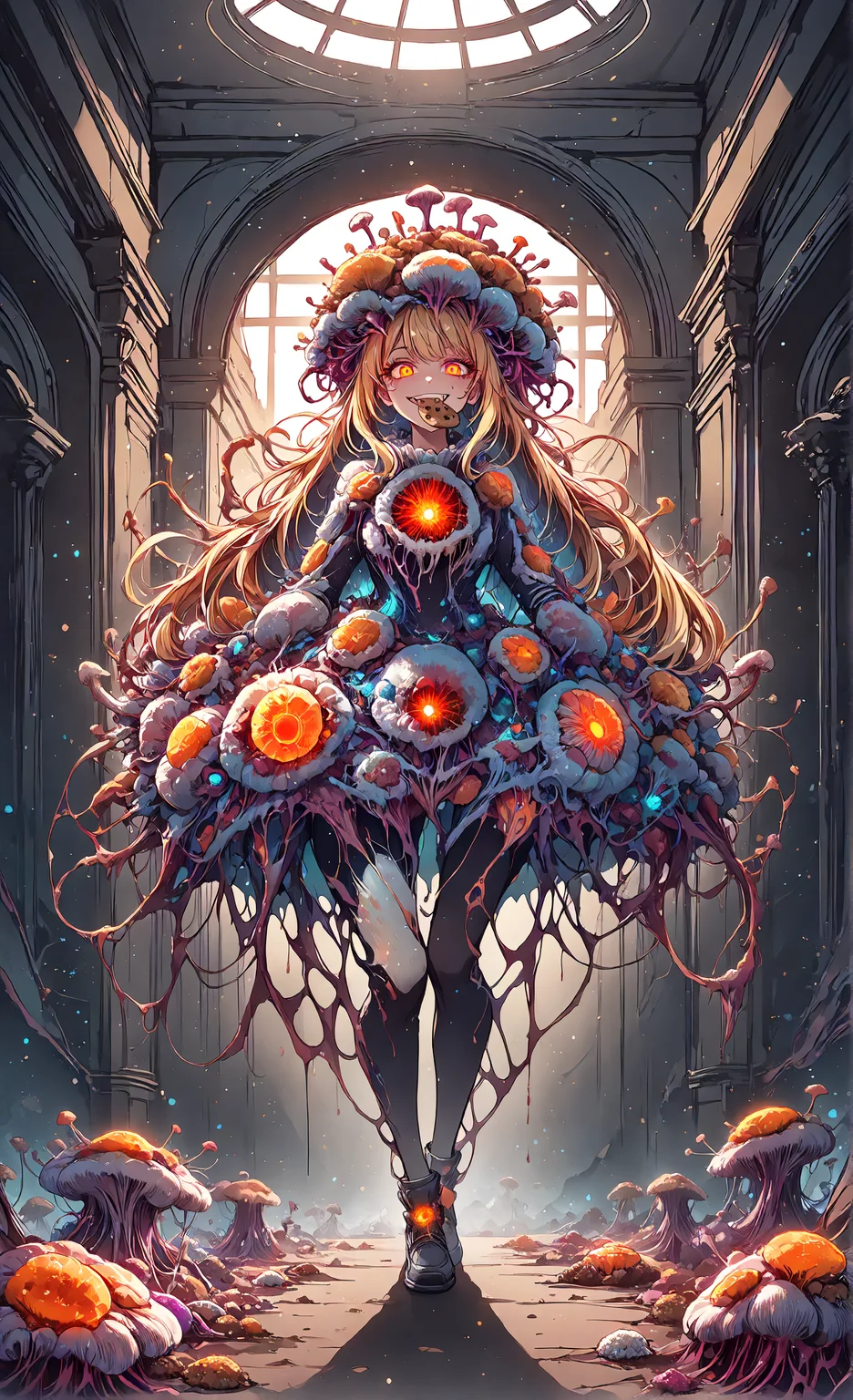 masterpiece, sharp detail, intricate detail, hair shader, 1girl,  <lora:MyceliumT-000014:1>,  myceliumt, blonde hair, myceliumt dress, full body,  glowing eyes, detailed eyes, gradient eyes, eyelashes, detailed face, detailed eyes, looking at viewer, smile, cookie in mouth, indoors,  dramatic shadows, cinematic lighting, detailed background, light and shadow contrast, glowing light particles, light particles,