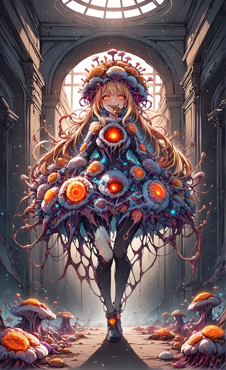 masterpiece, sharp detail, intricate detail, hair shader, 1girl, <lora:MyceliumT-000014:1>, myceliumt, blonde hair, myceliumt dress, full body, glowing eyes, detailed eyes, gradient eyes, eyelashes, detailed face, detailed eyes, looking at viewer, smile, cookie in mouth, indoors, dramatic shadows, cinematic lighting, detailed background, light and shadow contrast, glowing light particles, light particles,