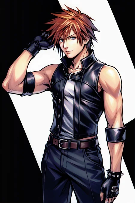 nomura tetsuya , 1boy, final fantasy, highres, male focus, official art, solo, spiked hair, white background, <lora:nomura_tetsuya_offset:1>