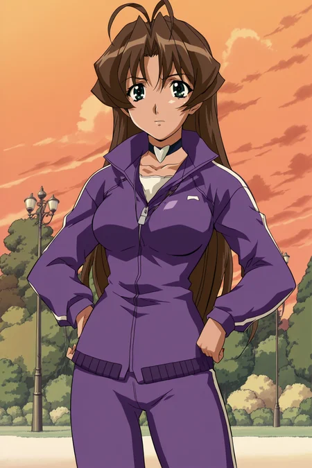 anime screencap, anime coloring, detailed face, masterpiece, best quality, very aesthetic, absurdres, official style, amazing quality, ultra detailed, highres, amazing quality, scenery, beautiful detailed hair, beautiful detailed eyes,
<lora:StS-Illustrious-Detail-Slider-v1.0:4>
<lora:Hibiki_Amawa_I_My_Me_Strawberry_Eggs:1>
Hibiki gym outfit, Hibiki Amawa (character), 1girl, solo, track suit, lamppost, long hair, hands on own hips, antenna hair, brown hair, orange sky, choker, track jacket, outdoors, sky, track pants, sunset