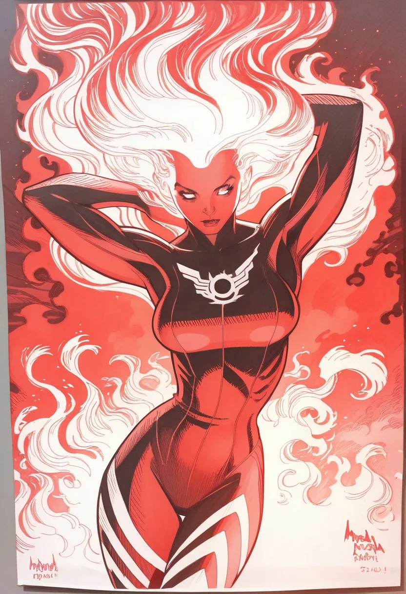dskxadms, 1girl, solo, breasts, fire, fiery hair, medium breasts, red theme, bodysuit, phoenix symbol, monochrome, floating hair, long hair, traditional media, comic art style, specular highlights, side lighting, city view, outdoors, extreme light and shadow, cinematic lighting, cinematic angle, close up, arms behind head, natural lighting, score_9, score_8_up, score_7_up, score_6_up, score_5_up, score_4_up,